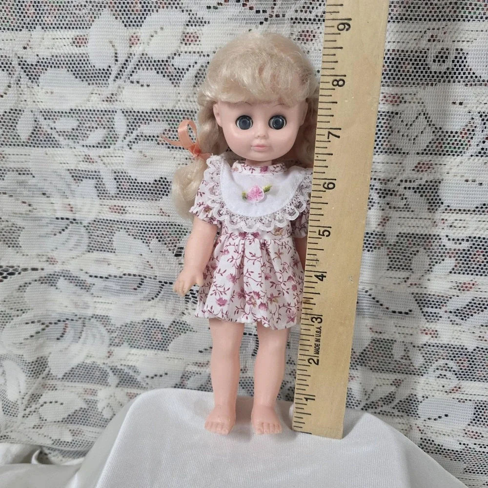 Vintage 1985 Cititoy 8 In Play Doll Blonde Braids Blue Eyes Pink Floral Dress